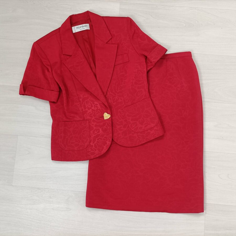 red skirt suit with short sleeve jacket